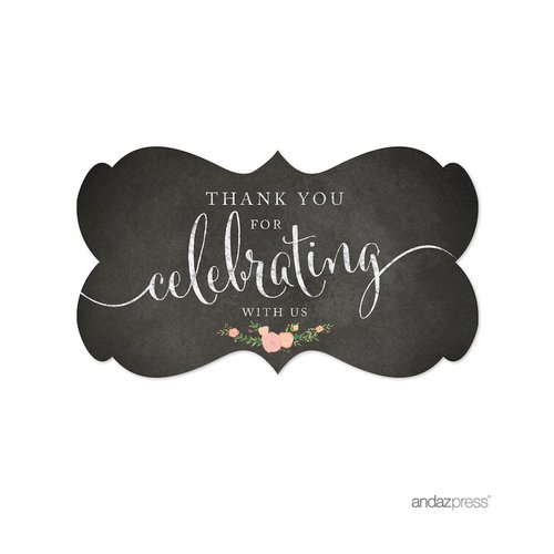 Andaz Press Fancy Frame Rectangular Label Stickers, Thank You for Celebrating with Us, Chalkboard Floral Roses, 36-Pack Wedding Decorations, Wedding Favors, Stickers for Packaging, Party Favor