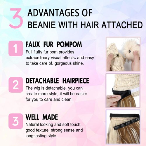 AynnQueen Beanie with Hair Attached for Women Slouchy Cable Hat Wig Knit Beanie Winter Hat with 20inch Removable Hair Extensions Wig (Natural Black-Black Hat)