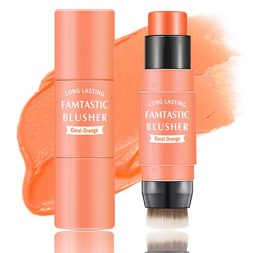 WENJLYJ Cream Blush Stick,Blush Stick for Cheeks with Contour Brush,3-in-1 Long Lasting Waterproof Blush&Eye Shadow&Lip Gloss for Natural Skin Types（03 Citrus Pink）