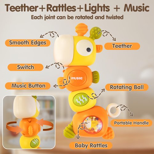 Baby Teething Toys for 0 3 6 9 12 18 Months, Food Grade Baby Teether for Infant Newborn Boys Girls, Baby Rattle Chew Toys 0-6 Months, Christmas Gift Montessori Sensory Toys for Babies with Music