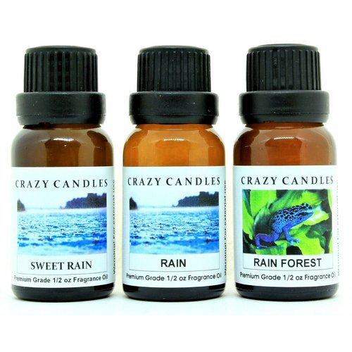 Crazy Candles 3 Bottles Set, 1 Sweet Rain, 1 Rain, 1 Rain Forest 1/2 Fl Oz Each (15ml) Premium Grade Scented Fragrance Oils