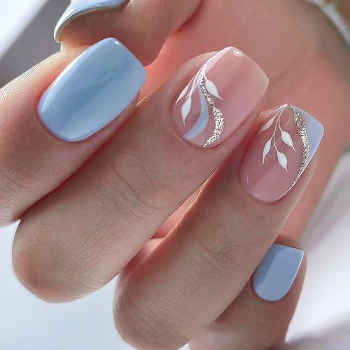 Square Short Press on Nails Blue Fake Nails French Tip Acrylic Nails Summer with Blue and Gold Curve White Leaves Designs Cute Artificial Nails for Women and Girls 24Pcs