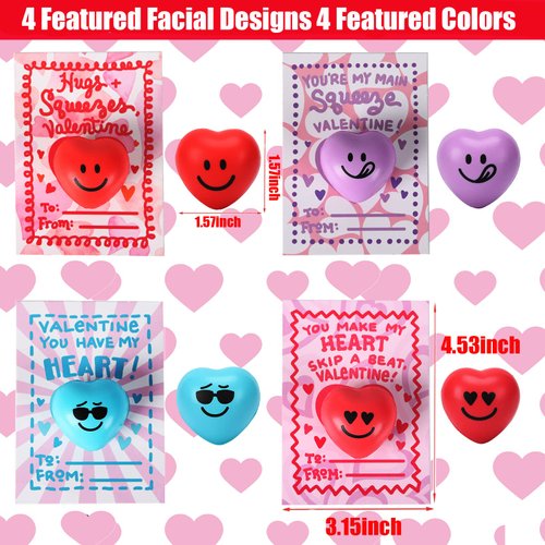 28PCS Valentines Day Heart Stress Balls with Cards Stress Relief Face Squeeze Toys for Kids' Toddlers Valentine Party Favors,Valentines Gift,Party School Supplies,Classroom Exchange