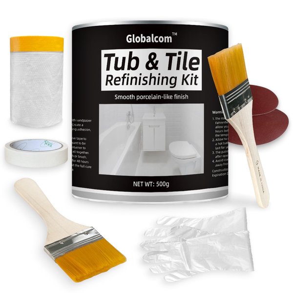 Globalcom Bathtub Refinishing Kit White, 17oz Bathtub Resurface kit Bathroom Countertop Paint Repair Kit Porcelain Sink Paint Fiberglass Bathtub Paint Tub and Tile Refinishing Kit Paint