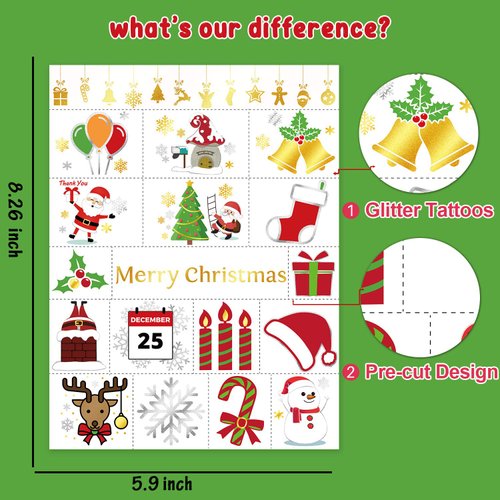 Partywind 36 Styles Metallic Glitter Christmas Party Decorations Temporary Tattoos for Kids, Christmas Birthday Party Favors Supplies, Christmas Holiday Stickers with Snowflake, Xmas Tree, Santa