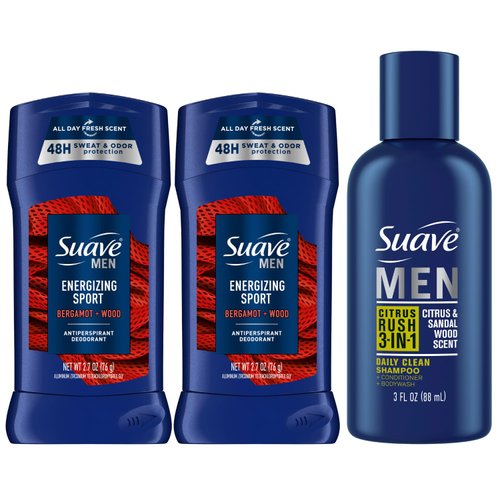 Suave Body Wash, Shampoo & Conditioner 3-in-1, Citrus Rush for Men, Travel Size+ Antiperspirant Stick, Active Sport, Full Size, 2-Pack (3 Piece Set)