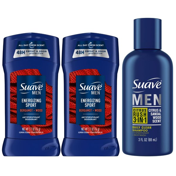 Suave Body Wash, Shampoo & Conditioner 3-in-1, Citrus Rush for Men, Travel Size+ Antiperspirant Stick, Active Sport, Full Size, 2-Pack (3 Piece Set)
