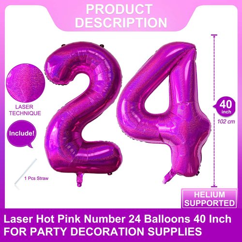Laser Pink 24 Number Balloons 40 Inch Giant Hot Pink Sweet 24 Helium Balloons for 24th Girls Birthday Party Supplies 24th Anniversary Events Decorations