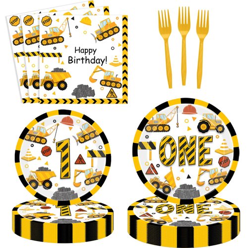 118 Pcs Construction 1st Birthday Party Decor Dump Truck One Years Old Disposable Paper Plates Napkins Forks Cups Tablecloth Banner Dinnerware for Im Digging Being 1 Bday Baby Shower Party Supplies
