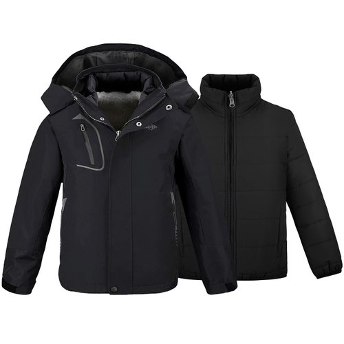 wantdo Kids Boys' Windproof 3 in 1 Ski Jacket with Removable Inner Fleeced-Lined Jacket Waterproof Black 6-7