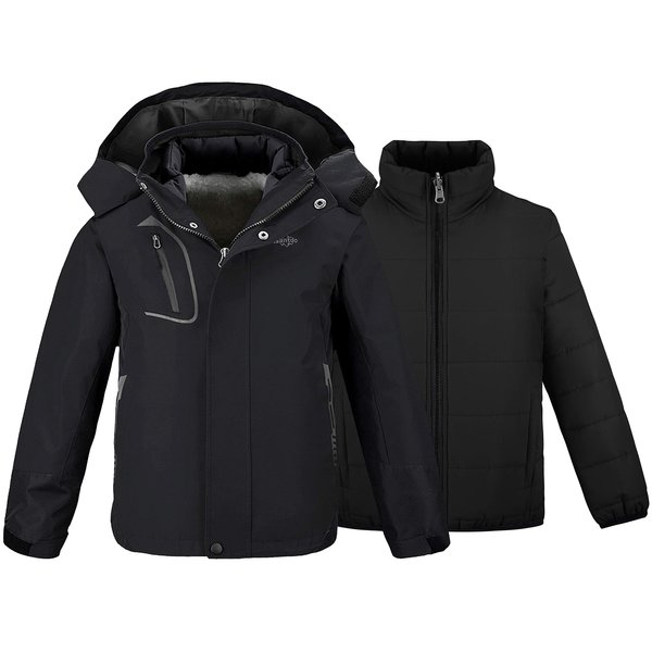 wantdo Kids Boys' Windproof 3 in 1 Ski Jacket with Removable Inner Fleeced-Lined Jacket Waterproof Black 6-7