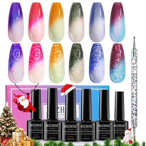 MIZHSE Color Changing Nail Polish Pearl Mood Changing Nails Polish Glitter Drawing Shell Thread Soak off LED Glitter Thermal Nail Gel Polish for Nail Salon Home DIY Manicure Set 6 Colors