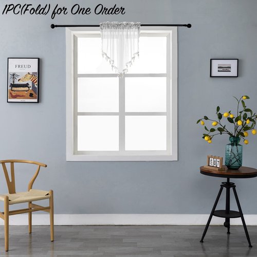 PearAge Beaded Triangle Sheer Valance Curtains for Living Room,Rod Pocket Farmhouse Window Valance, Bead Trim Tassel Voile Sheer Curtain Valance for Bedroom Bathroom Cafe 51x24 Inches (Ivory) 1PC