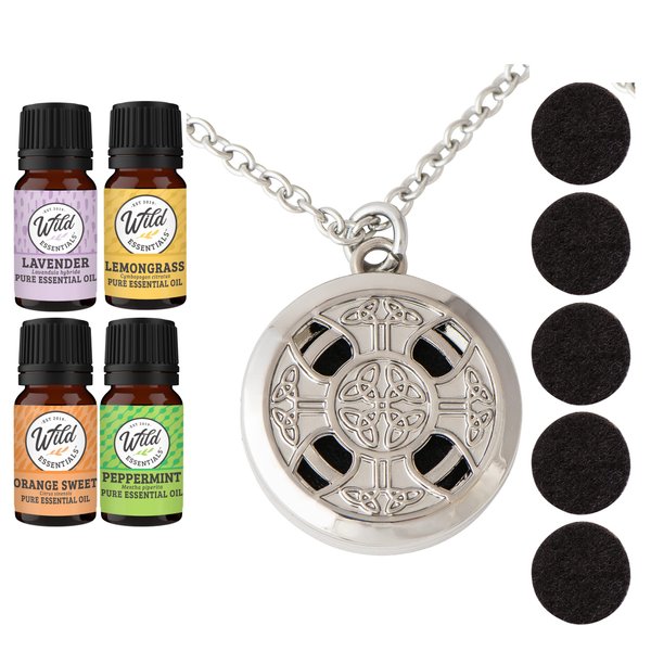 Wild Essentials Celtic Cross Necklace Essential Oil Diffuser Kit with Lavender, Lemongrass, Peppermint, Orange Oils, 6 Refill Pads, Calming Aromatherapy Gift Set, Customizable Color Changing, Perfume