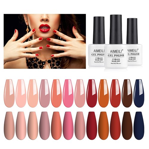 AIMEILI Soak Off U V LED Fall Gel Nail Polish Set for Halloween Nail Art Gifts, Wine Brown Neutra...