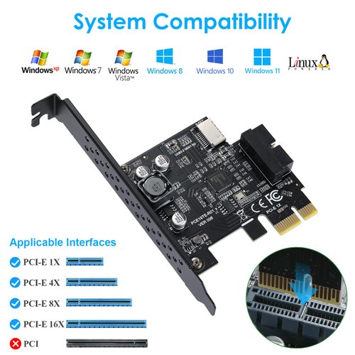 BEYIMEI PCI-E 1X to USB 3.2 GEN1 5Gbps 20pin Front Panel Header (to Type-c Front Panel Header) + USB 3.0 19Pin Socket Expansion Card,Type-E Internal 20-pin Front Panel Connector Riser Card