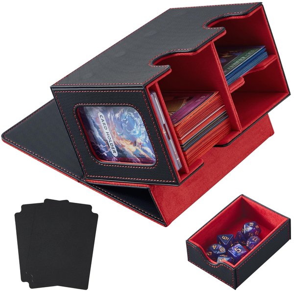 FOTEEMO Card Deck Box For MTG, Prime Card Display with Dice Tray Commander Deck Box Magic The Gathering Deck Box Holding 250+ Sleeveless Trading Card Storage Box Yu-gioh Deck Box (Black&Red)