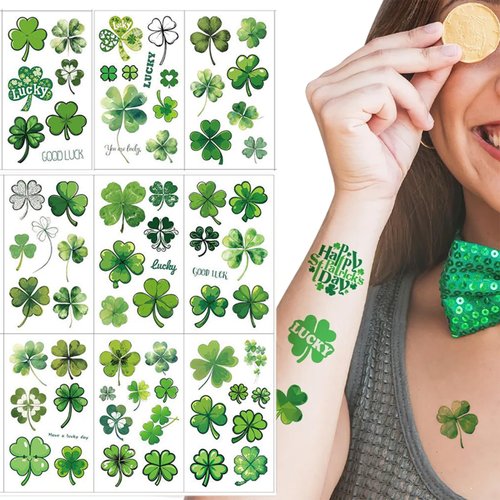 St. Patrick's Day Green Shamrock Tattoos Irish Shamrock Temporary Tattoos for Saint Patricks Day Party Parade Face Body Decor Supplies