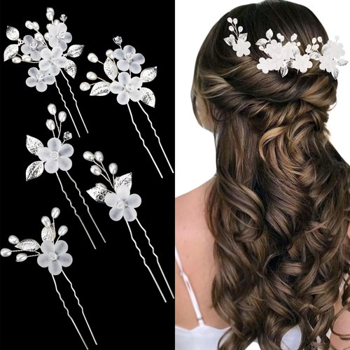 Exacoo 5Pcs Flower Wedding Hair Pins Silver Leaf Bridal Hair Clips Crystal Wedding Hair Pieces for Brides Flower Girl Bridesmaid Floral Pearl Rhinestone Hair Accessories for Women Wedding