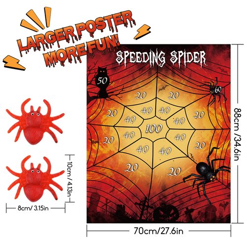 MIAHART Halloween Party Games Throw The Spider On The Web with XL Halloween Poster and 2 Sticky Spiders Family Game