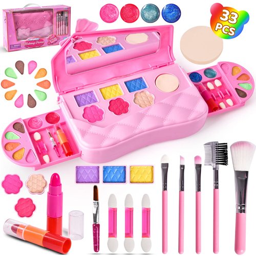33Pcs Girl Toys Makeup Kit - Princess Dress Up for Girls Real Washable Makeup Set with Little Girls Cosmetic Bag, Pretend Play Girls Makeup Sets Ages 3-12 Christmas Birthday Gifts