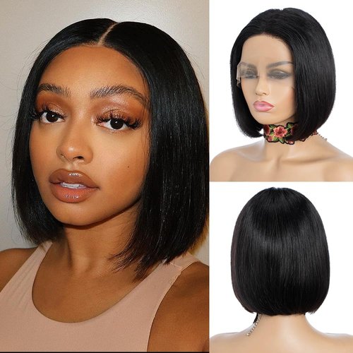 NOBLE Lace Front Bob Wigs 8 inch Black Human Hair Bob Wigs or Women Pre Plucked with Baby Hair Glueless 150% Density.
