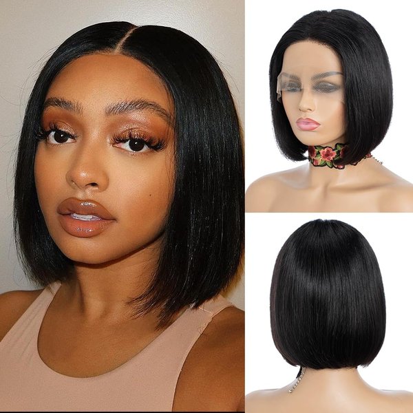 NOBLE Lace Front Bob Wigs 8 inch Black Human Hair Bob Wigs or Women Pre Plucked with Baby Hair Glueless 150% Density.