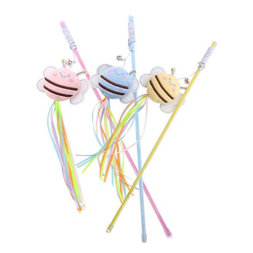 GUEDKIKL 3 Pcs Cat Teaser Wand, Cute Bee Fishing Teasing Stick for Little Cat Funny Kitten Interactive Playing Toy Plush Cat Training Tool Indoor Pet Supplies