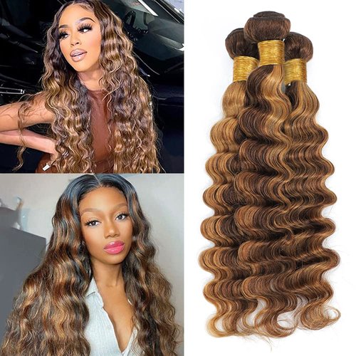 Highlight Deep Wave 3 Bundles P427 Honey Blonde Human Hair 3 Bundles Unprocessed Virgin Weave Extensions Piano Color 4/27 Brown And Honey Blonde Bundle for Women 30 30 30 Inch