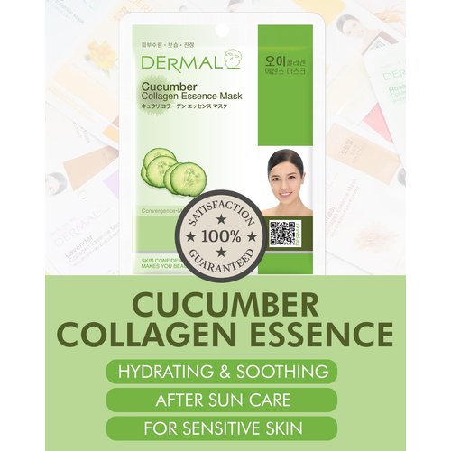 DERMAL Cucumber Collagen Essence Facial Mask Sheet 23g Pack of 10 - Soothing & Moisturizing, Redness & Sunburn Relief, Daily Skin Treatment Solution Sheet Mask