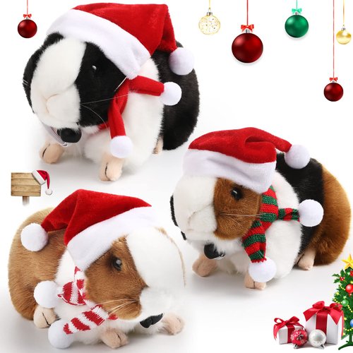 Vinsot 3 Pieces Christmas Plush Guinea Pig Stuffed Animal with Santa Hat and Scarf Cute Realistic Guinea Pig Toys for Boys Girl, 8 inch