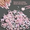 FSpronail Nail Charms for Acrylic Nails 3D Pink Pearls Heart Star with Bows and Gems Flowers Nail Art Design DIY Decor Accessories with Tweezer
