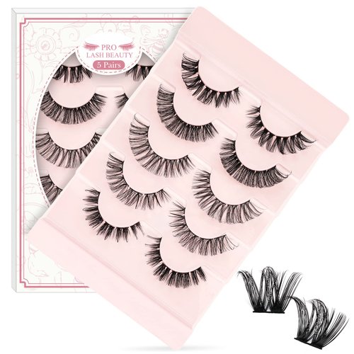Lash Clusters 5 Pairs Russian Lashes 5 Styles Mixed Cat Eye Lashes Fluffy Lashes that Look Like Extensions Wispy Eyelash Clusters Volume DIY Lash Extension Soft and Easy to Wear (5 Pairs,Mix-D)