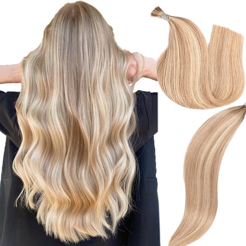 DIYOMO I Tip Hair Extensions - Human Hair, #16/22 Light Blonde Highlighted Bleach Blonde 14 Inch I Tip Hair Extensions For Women Soft & Natural Itip Hair Extensions Itip Human Hair Extensions 50G/70S