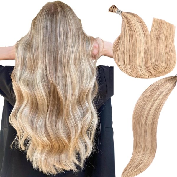 DIYOMO I Tip Hair Extensions - Human Hair, #16/22 Light Blonde Highlighted Bleach Blonde 14 Inch I Tip Hair Extensions For Women Soft & Natural Itip Hair Extensions Itip Human Hair Extensions 50G/70S