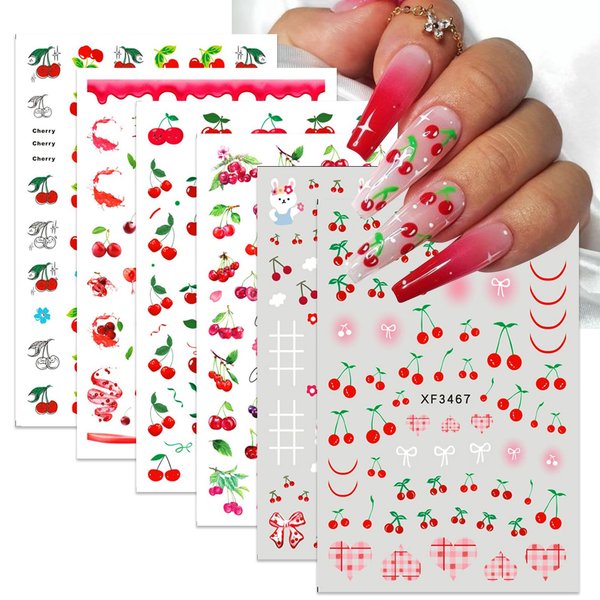 Mkwntg Fruit Nail Art Stickers Cherry Nail Decals 3D Self-Adhesive Valentine's Day Nail Sticker Cherry Bow Tie Nail Art Design Cute Rabbits Nail Supplies for Women Acrylic Nails Accessories 6 Sheets