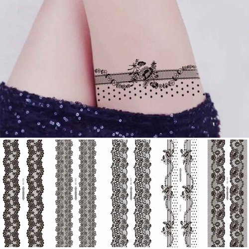 Sttiafay Lace Temporary Tattoo Thigh Fake Tattoo Art Stickers Black White Lace Waterproof Sexy Tattoo Wedding Art Stickers for Festival Beach Party