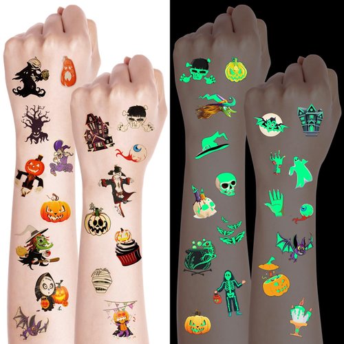 Glow Halloween Party Supplies，Luminous Halloween Tattoos Temporary Tattoos for Kids Birthday Party Supplies Decorations，Glow in The Dark Mixed Tattoos for Trick or Halloween Party Favors (12 Sheets)