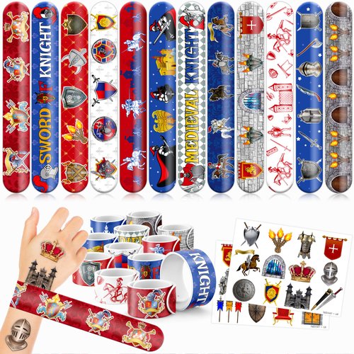 48 Medieval Knight 24PCS Medieval Knight Temporary Tattoos Sticker 24PCS Slap Bracelets Perfect for Themed Birthday Party Favors Baby Showers or Classroom Rewards Ideal Decor and Gifts