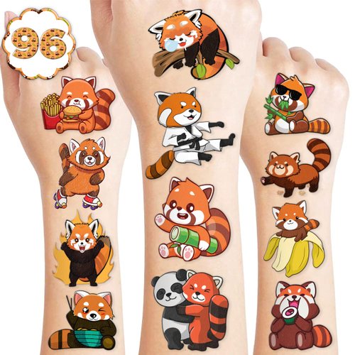 100PCS Red Panda Temporary Tattoos Birthday Party Decorations Favors Supplies Decor Cute Funny Forest Woodland Zoo Jungle Safari Animal Tattoo Stickers Gifts For Kids Boys Girls School Prizes Carnival