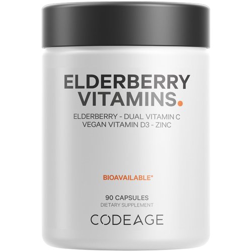 Codeage Organic Black Elderberry Supplement - Vitamin C, D, Zinc - Fermented Black Elderberries Vitamins - Elderberry Fruit Extract Pills Concentrate – Sambucus Berries Flavonoid - Vegan - 90 Capsules