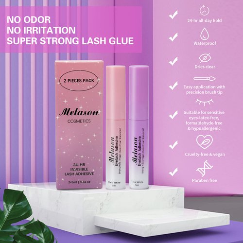 Melason Best Eyelash Glue,Super Strong Hold Eyelash Adhesive,Fast Drying,Latex Free Vegan Waterproof Hypoallergenic Strip Lash Adhesive,Suitable for Senstive Eyes, 2pcs/Pack, 5mlx2 0.34fl.oz
