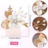 HINZIC 2pcs Flower Bride Wedding Hair Comb, Pearl Bridal Hair Accessories Crystal Rhinestones Hair Piece Jewelry Leaf Gold Headpiece Handmade Wedding Hair Accessories for Women Girls