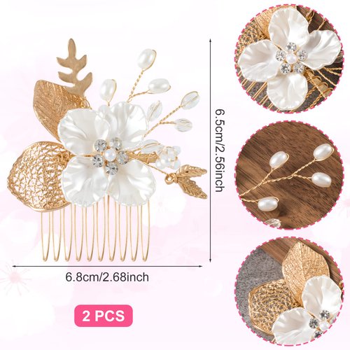 HINZIC 2pcs Flower Bride Wedding Hair Comb, Pearl Bridal Hair Accessories Crystal Rhinestones Hair Piece Jewelry Leaf Gold Headpiece Handmade Wedding Hair Accessories for Women Girls