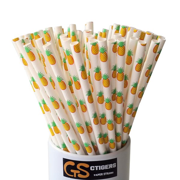 CTIGERS Cute Pineapple Patterns Paper Straws Summer Friut Style Biodegradable Drinking Straws Box of 100