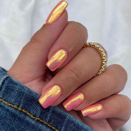 Pink Press on Nails Short Square Fake Nail Aurora False Nails Glossy Acrylic Artificial Nails wit...