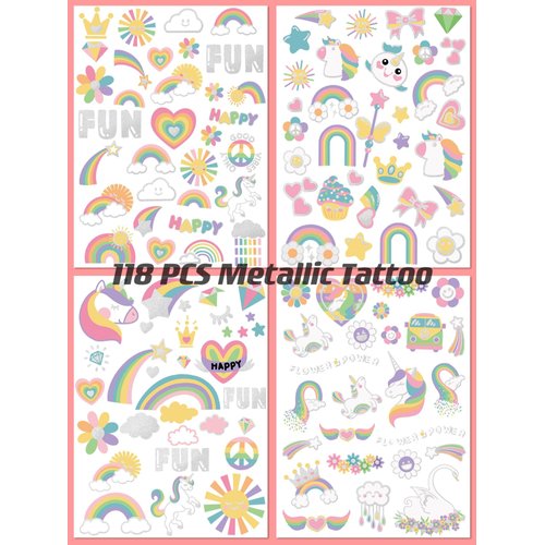 118 PCS Unicorn Rainbow Temporary Tattoo Kids, Glitter Crown Fake Tattoo for Girls’ Party Favors Kids Birthday Supplies Decorations, Princess Tattoos Sticker for Kids 6 7 8 9 10 year