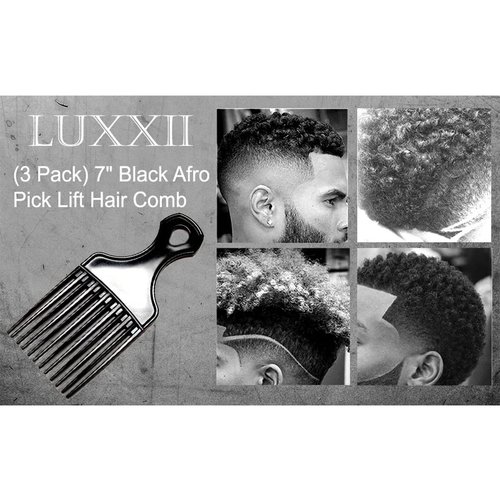 Luxxii (3 Pack) 7" Black Afro Pick Lift Hair Comb Detangle Wig Braid Hair Man Styling Comb (Black)