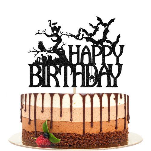 Ferastar Halloween Happy Birthday Cake Topper, Spooky Haunted House Black Glitter Cake Supplies, Creepy Birthday Themed Party Decor Black Glitter