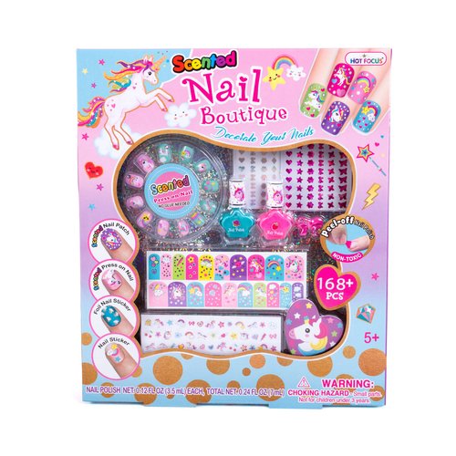 Hot Focus Scented Nail Boutique – 168 Piece Unicorn Nail Art Kit Includes Press on Nails, Nail Patches, Nail Stickers, Nail Polishes, Nail File and Ring – Non-Toxic Water Based Peel Off Nail Polish